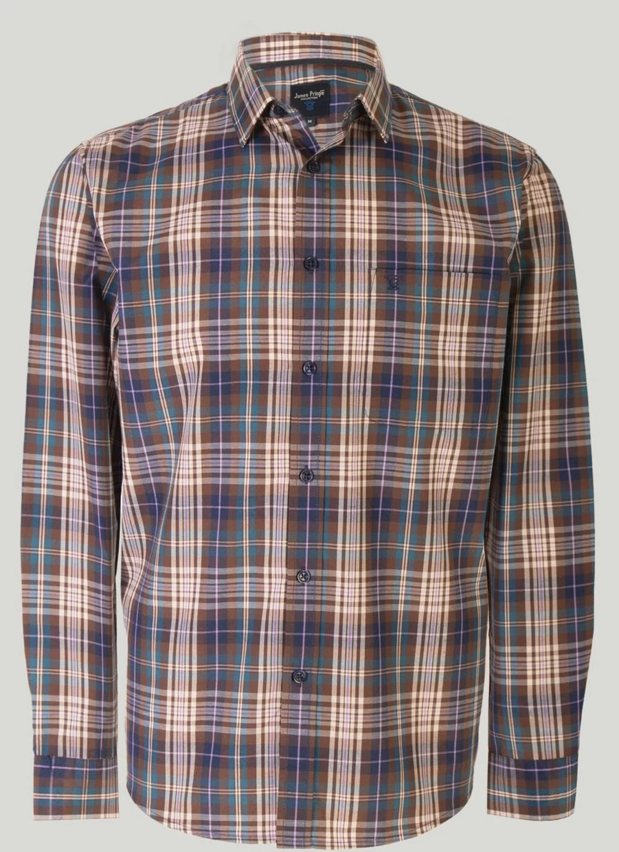 James Pringle Men's Classic Long Sleeve Check Shirt - Premium Tartan Plaid Button-Up for Casual & Formal Wear