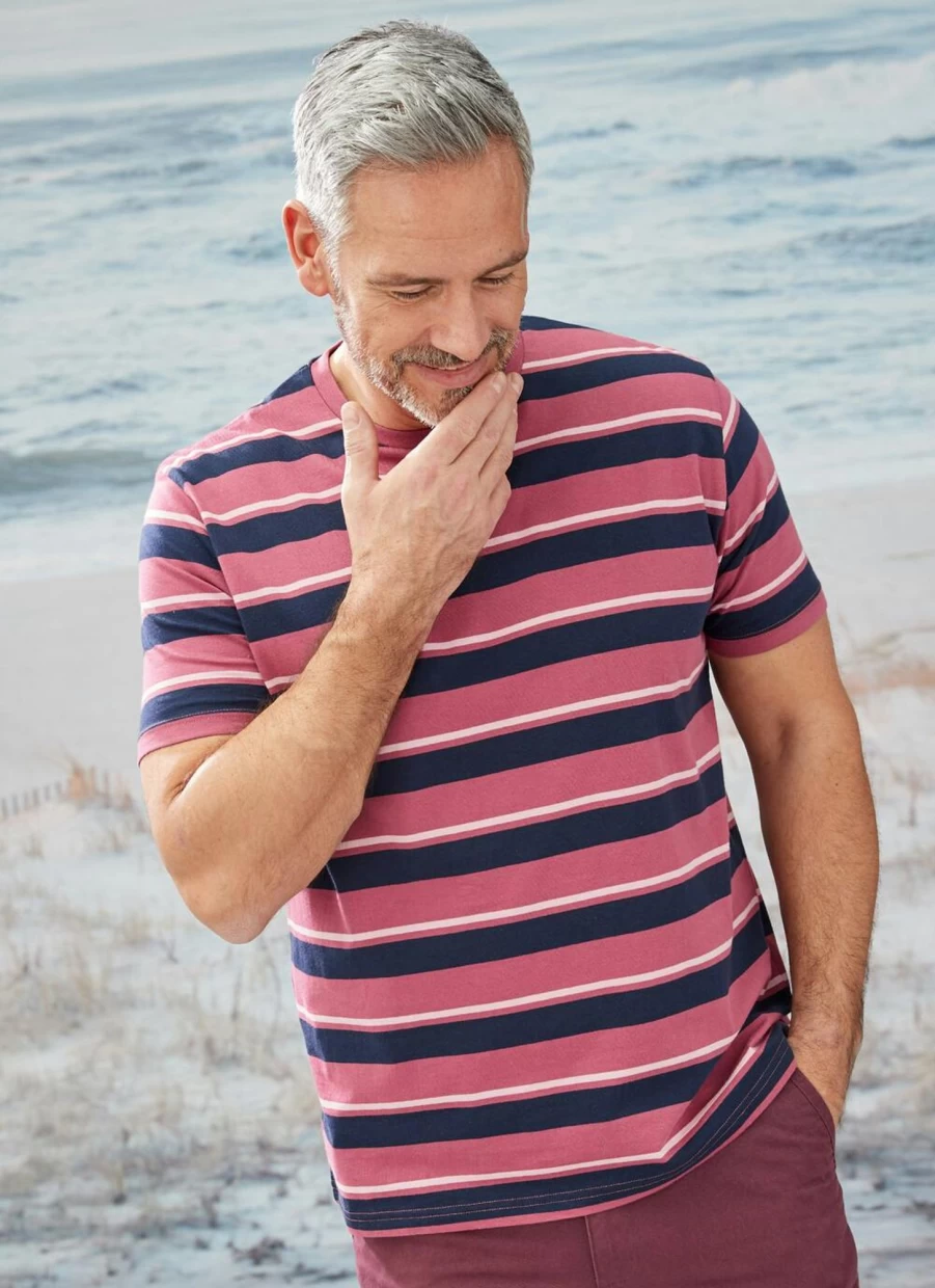 James Pringle Men's Berry Striped Crew Neck T-Shirt - Classic Cotton Tee