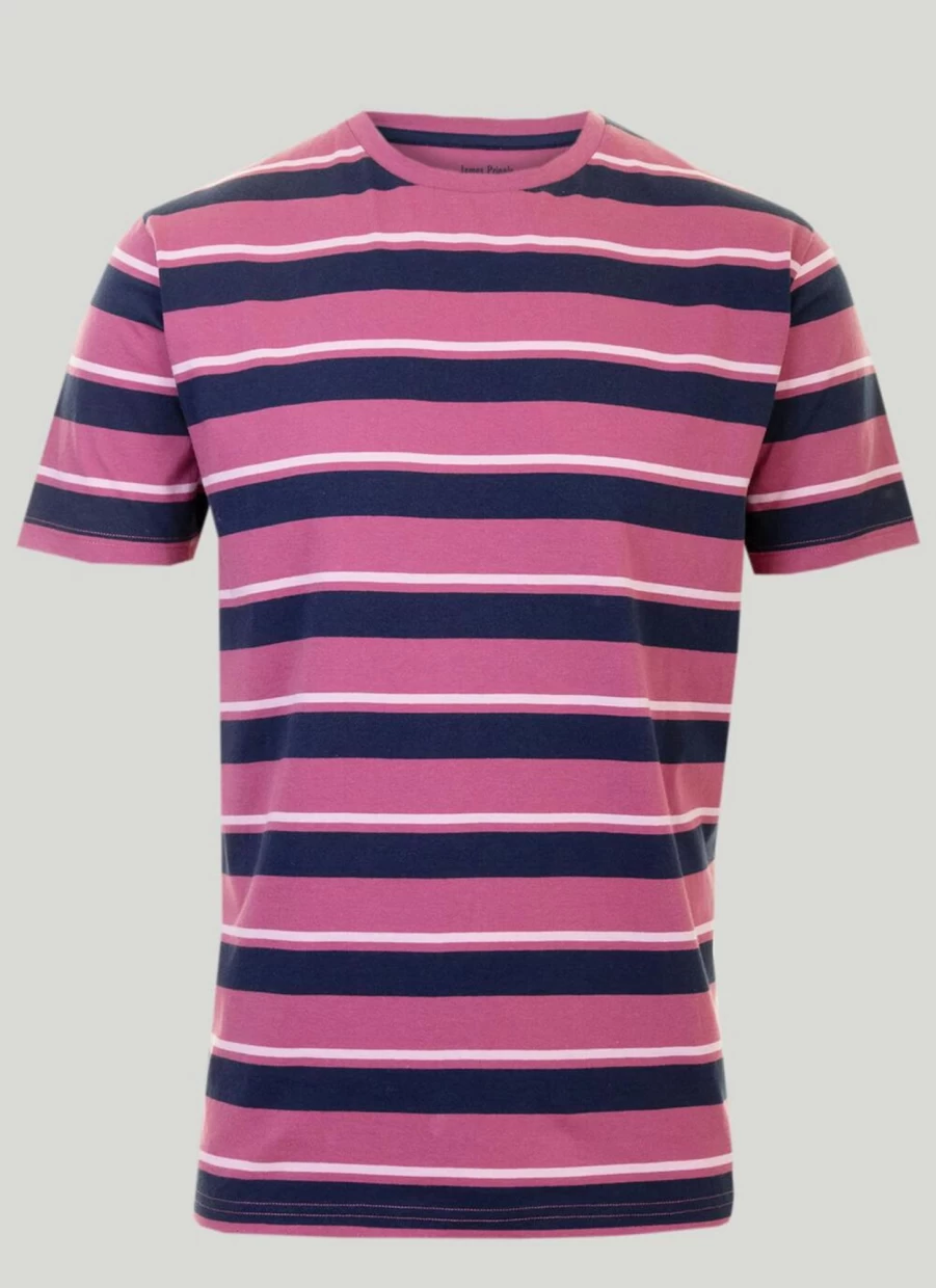 James Pringle Men's Berry Striped Crew Neck T-Shirt - Classic Cotton Tee
