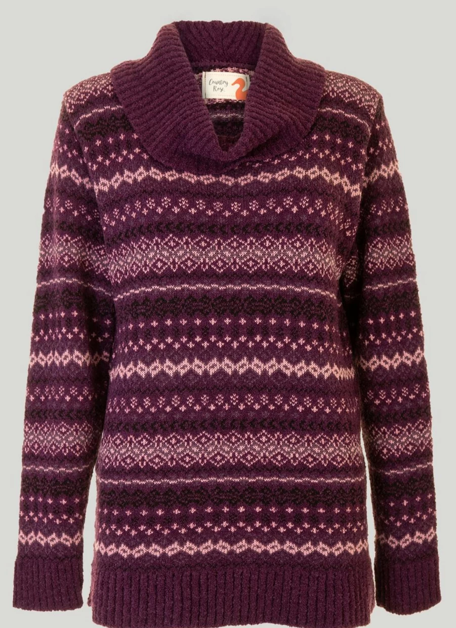 Country Rose Women's Berry Fairisle Knit Jumper with Cowl Neck