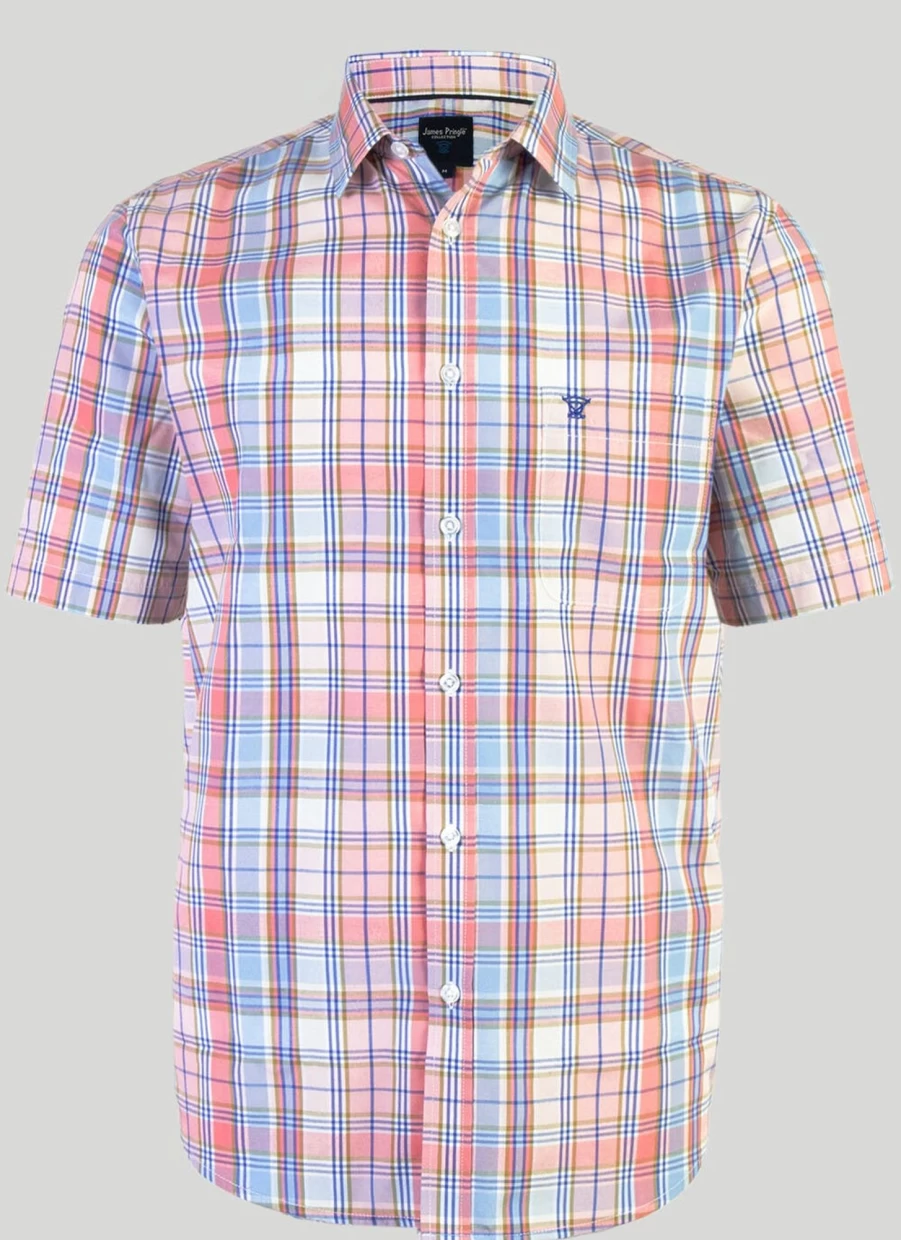 James Pringle Men's Short Sleeve Check Shirt - Classic Plaid Casual Shirt for Men
