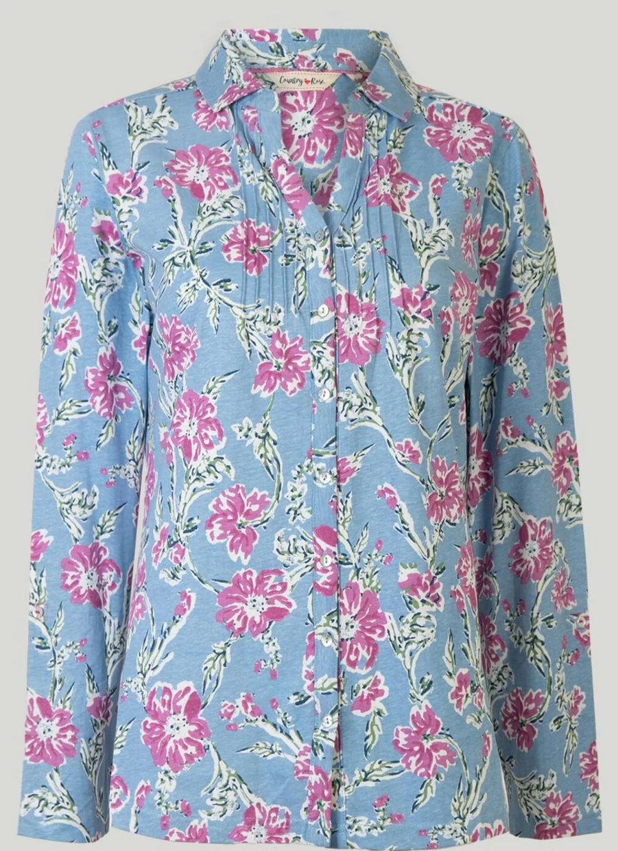 "Country Rose Women's Blue Floral Print Blouse - Elegant Floral Top"