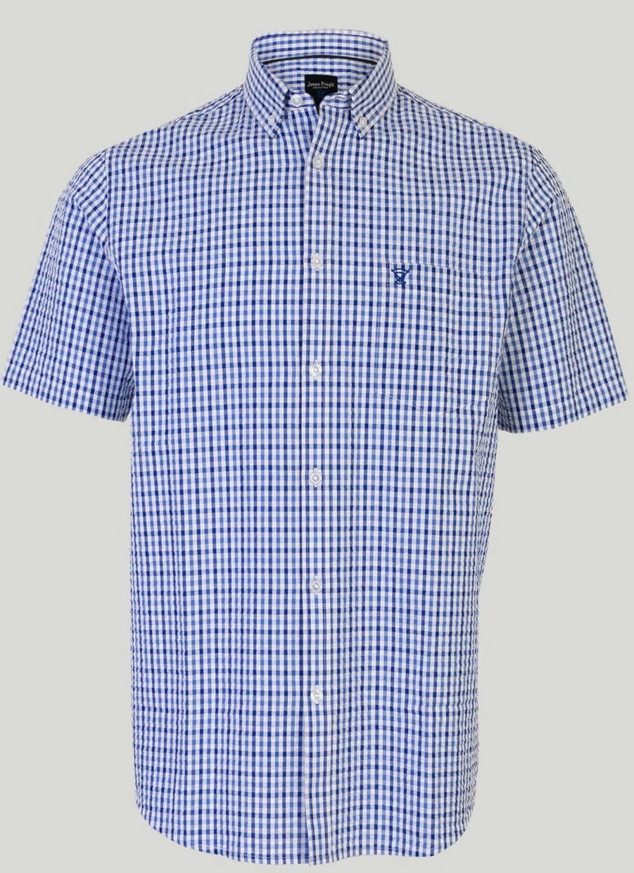 James Pringle Men's Blue Short Sleeve Seersucker Casual Shirt