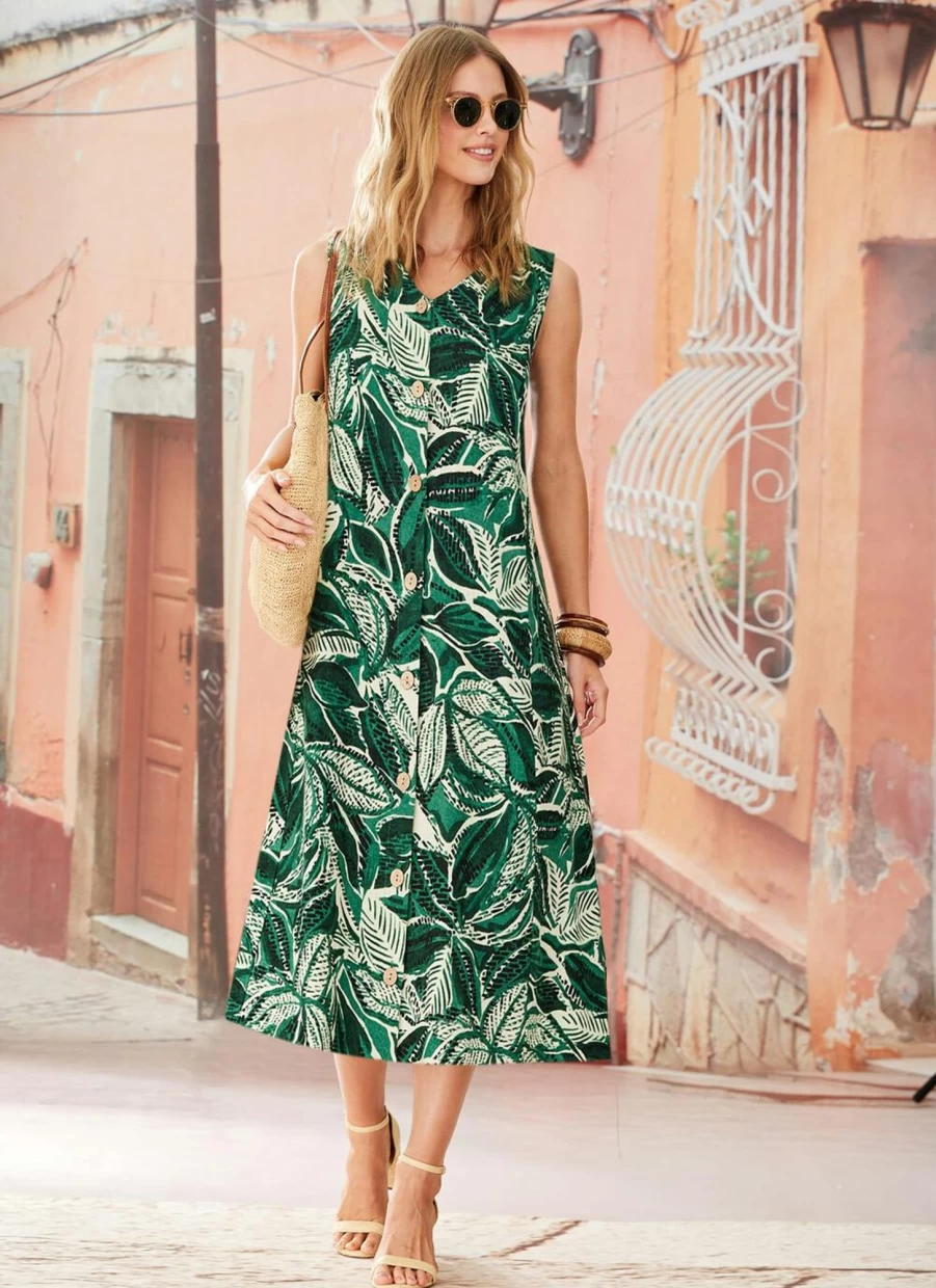 Isle Women's Floral Leaf Print Summer Dress - Elegant Bohemian Style Midi Dress for Women