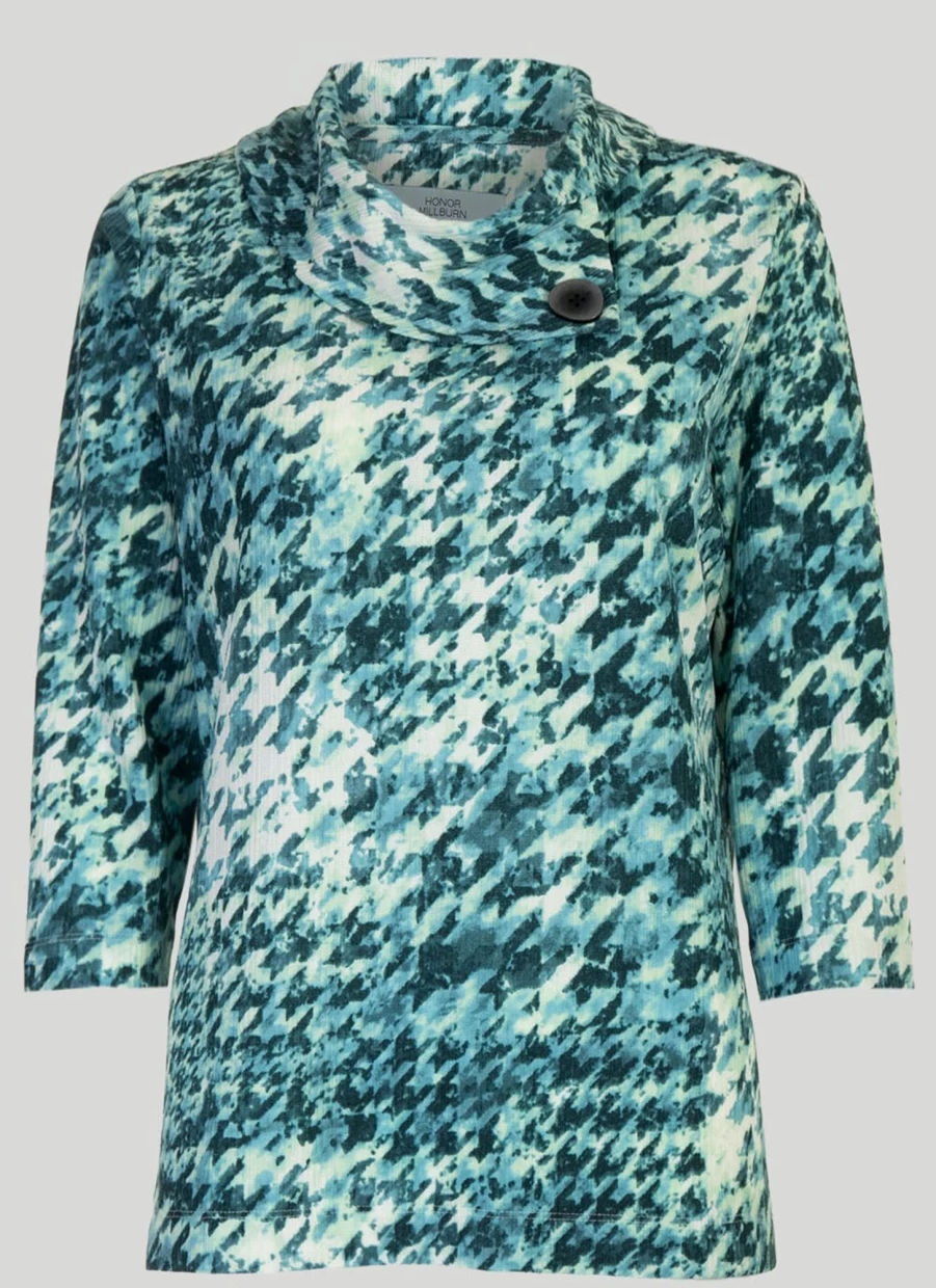 Honor Millburn Women's Teal Houndstooth Print Cowl Neck Top