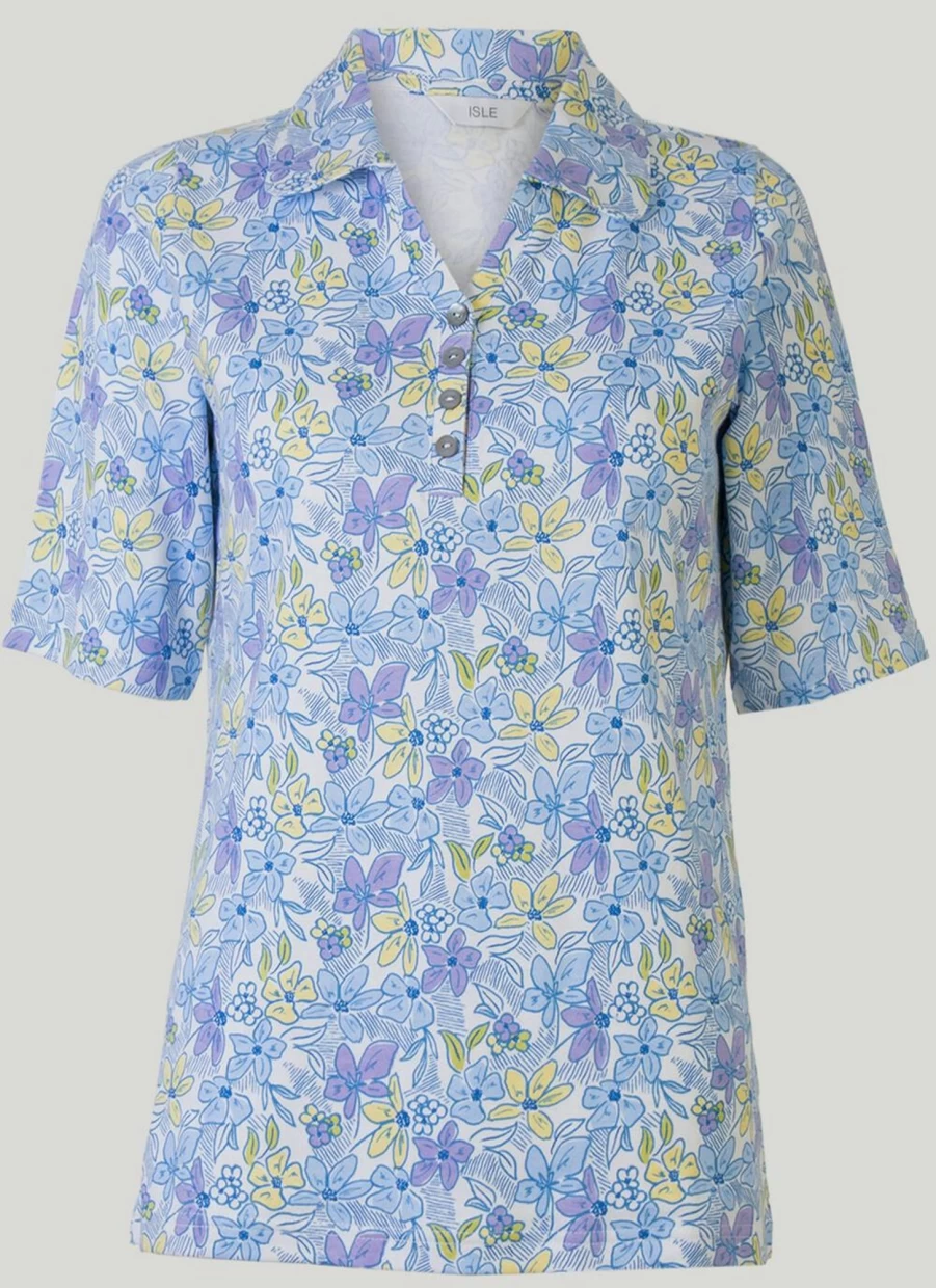 Isle Women's Printed Polo Shirt - Stylish Casual Short Sleeve Top