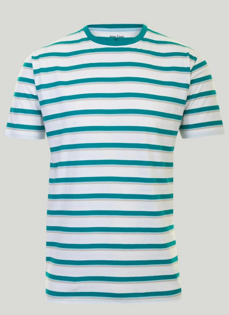 James Pringle Men's Green Striped Cotton T-Shirt - Classic Fit Casual Tee