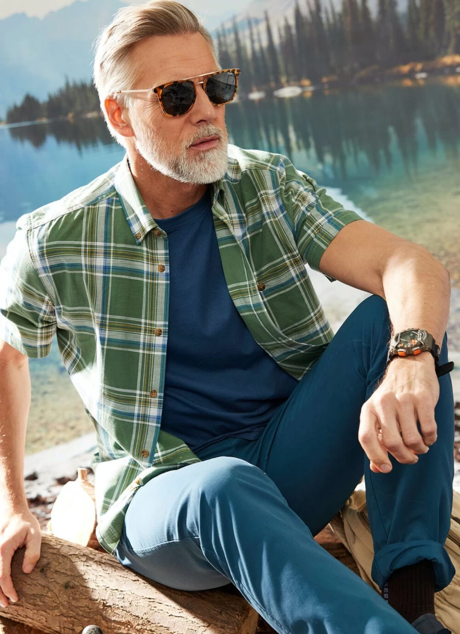 PG Field Men's Cotton Short Sleeve Checkered Shirt - Casual Plaid Button-Up Top
