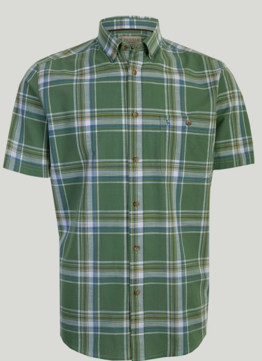 PG Field Men's Cotton Short Sleeve Checkered Shirt - Casual Plaid Button-Up Top