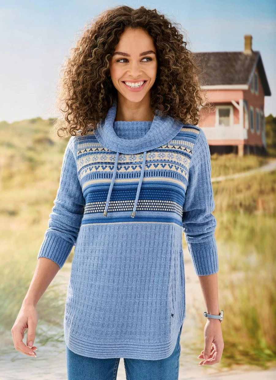 Country Rose Women's Fairisle Cowl Neck Jumper - Cozy Knit Sweater Winter Warm Turtleneck Pullover