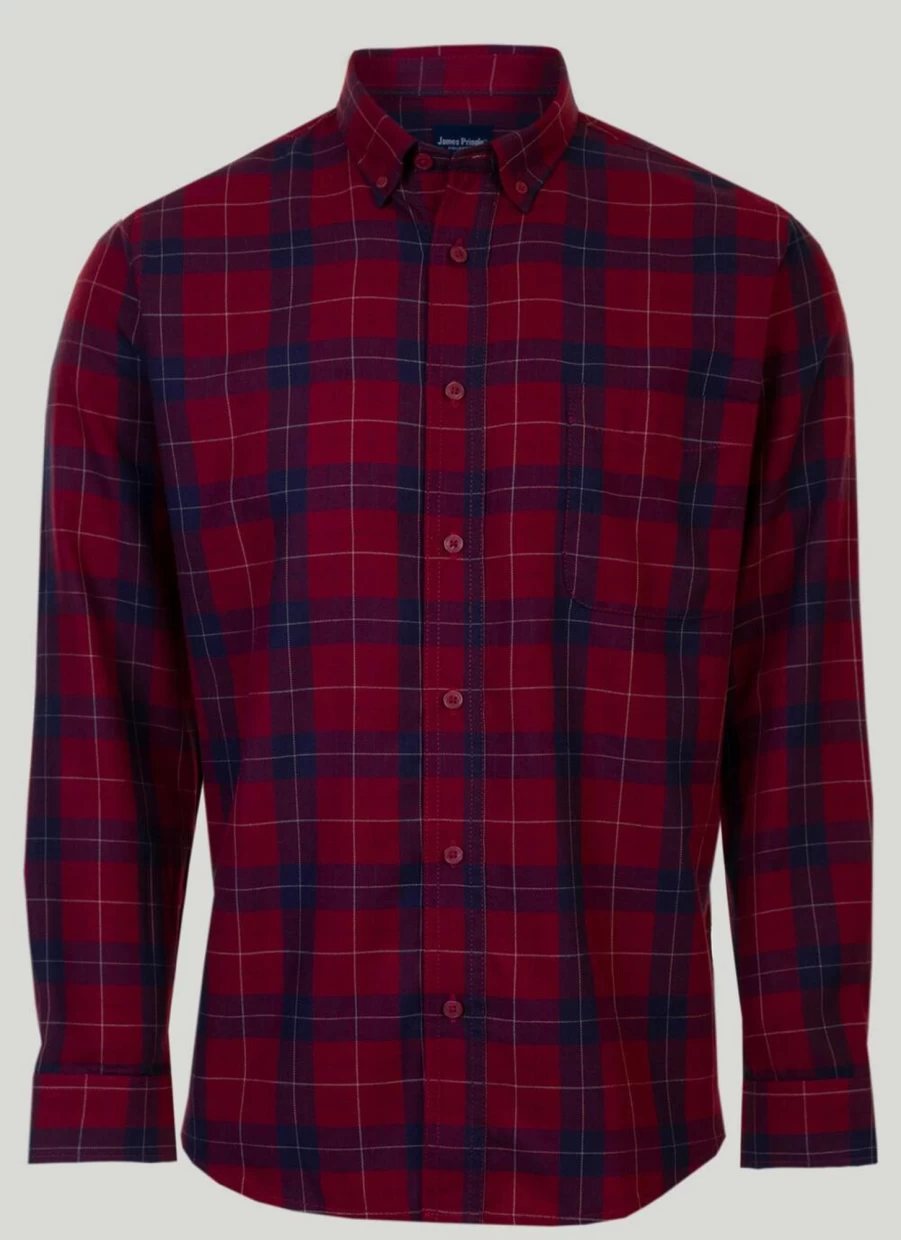 James Pringle Men's Red Herringbone Check Shirt - Classic Plaid Button-Up for Men