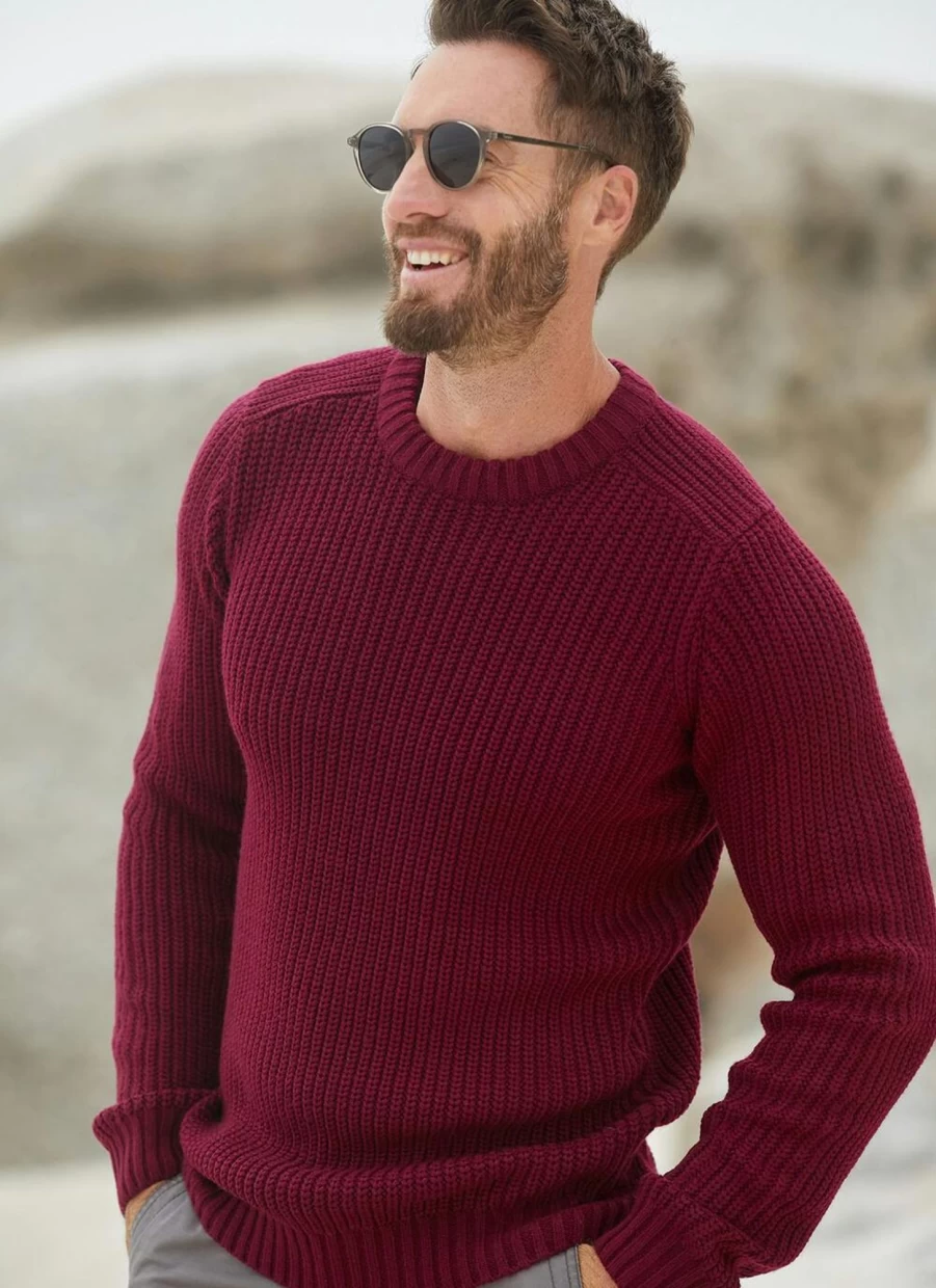 PG Field Men's Wine Crew Neck Fisherman Rib Knit Jumper Sweater