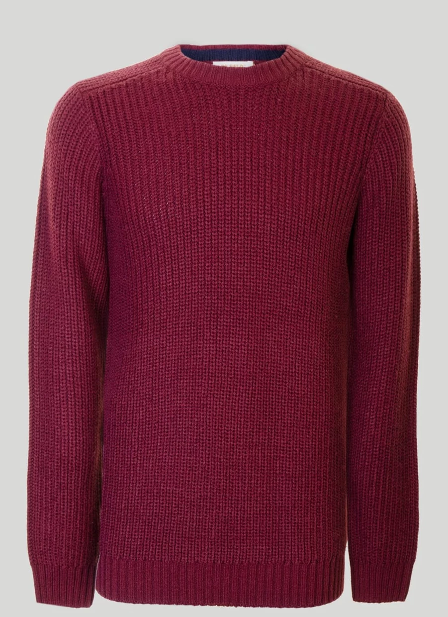 PG Field Men's Wine Crew Neck Fisherman Rib Knit Jumper Sweater