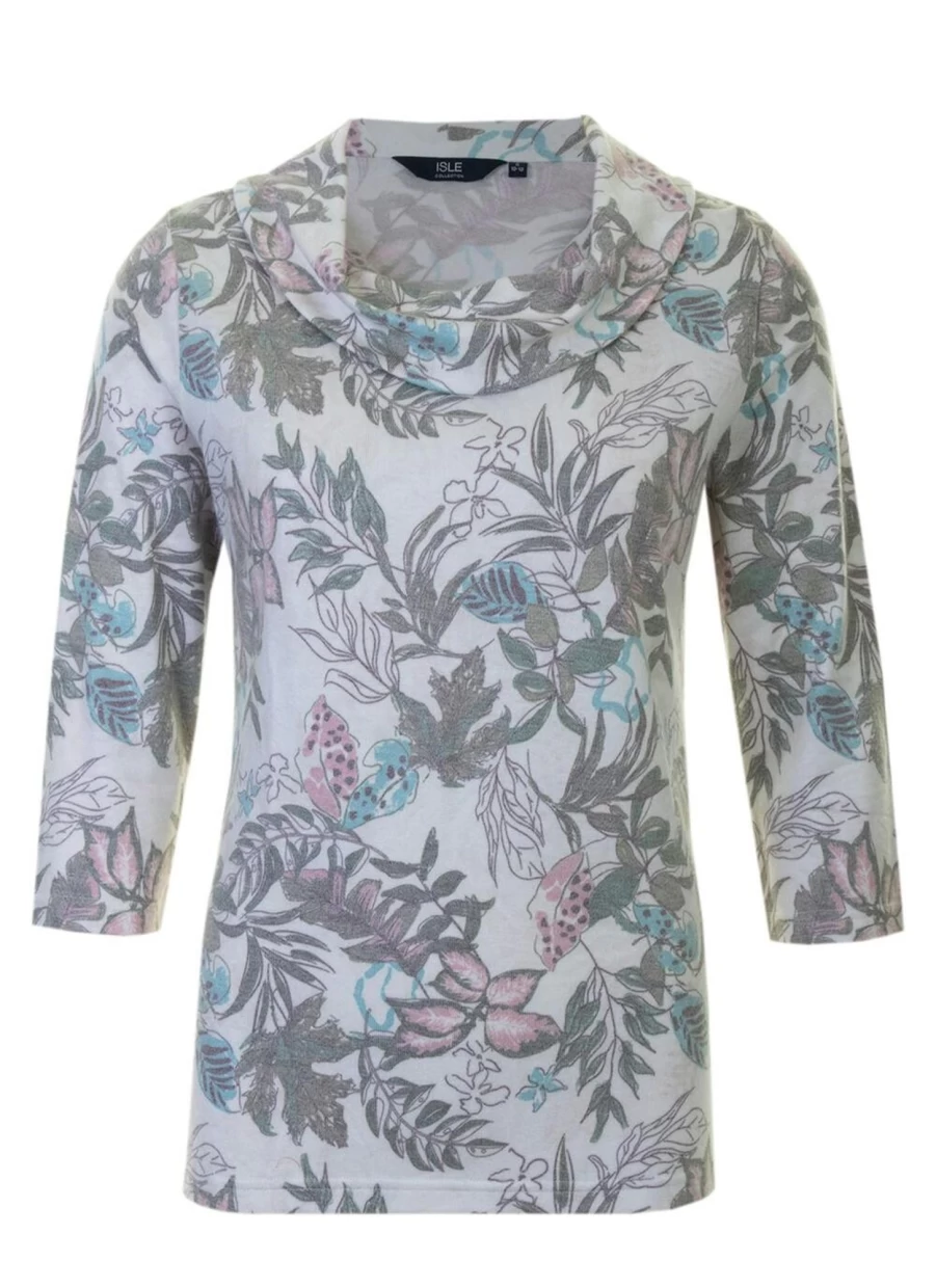 Isle Women's Ivory Leaf Print Cowl Neck Top