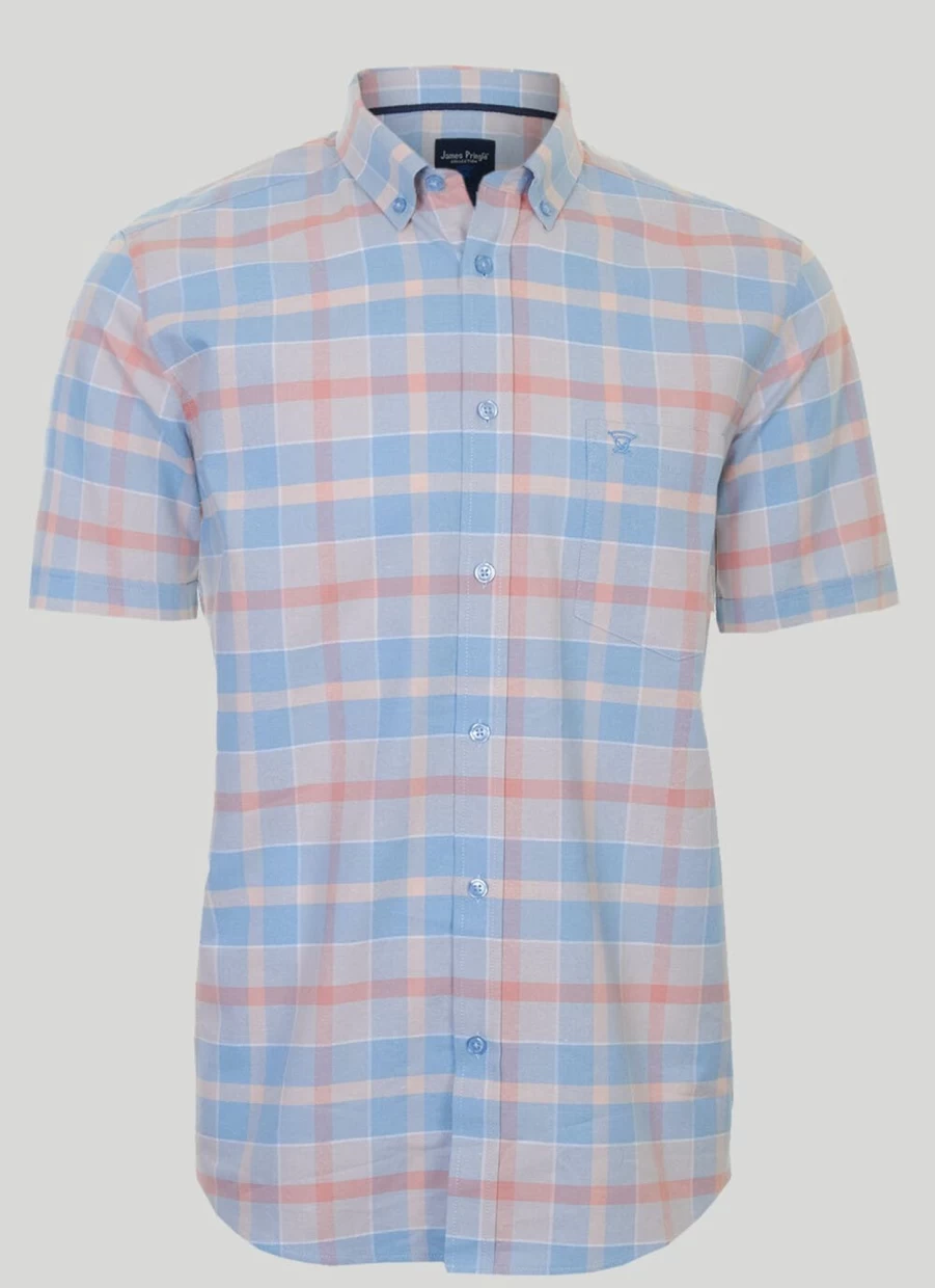 James Pringle Men's Short Sleeve Checkered Oxford Shirt - Classic Casual Button-Down Top
