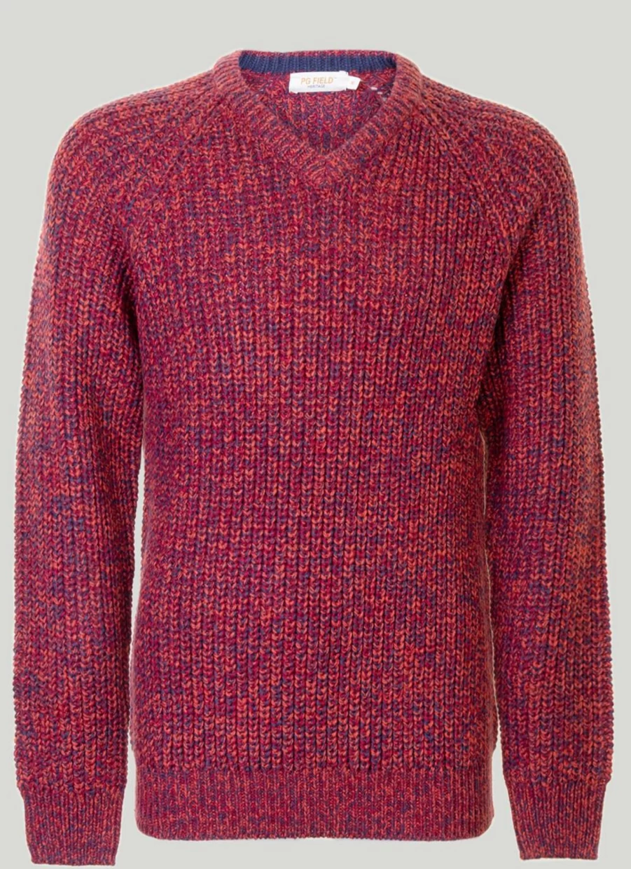 PG Field Men's V-Neck Fisherman Rib Knit Jumper - Soft Textured Sweater