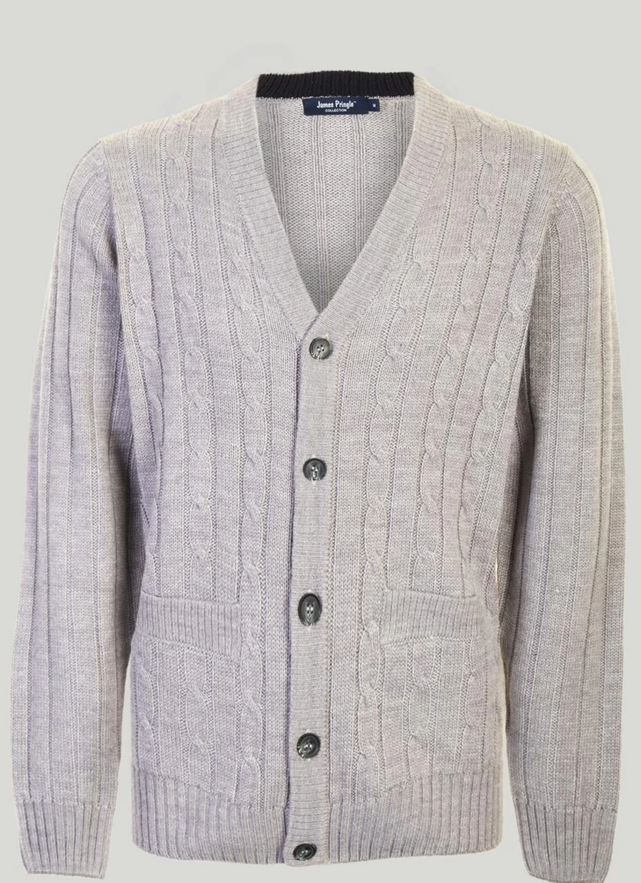 James Pringle Men's V-Neck Cable Knit Cardigan Sweater