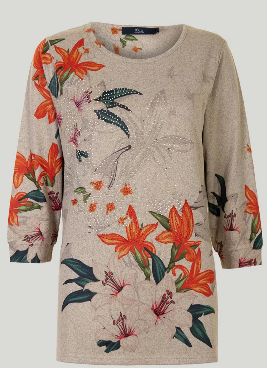 Isle Women's Floral Print Jersey Top - Soft Comfort Fit Blouse for Casual Wear
