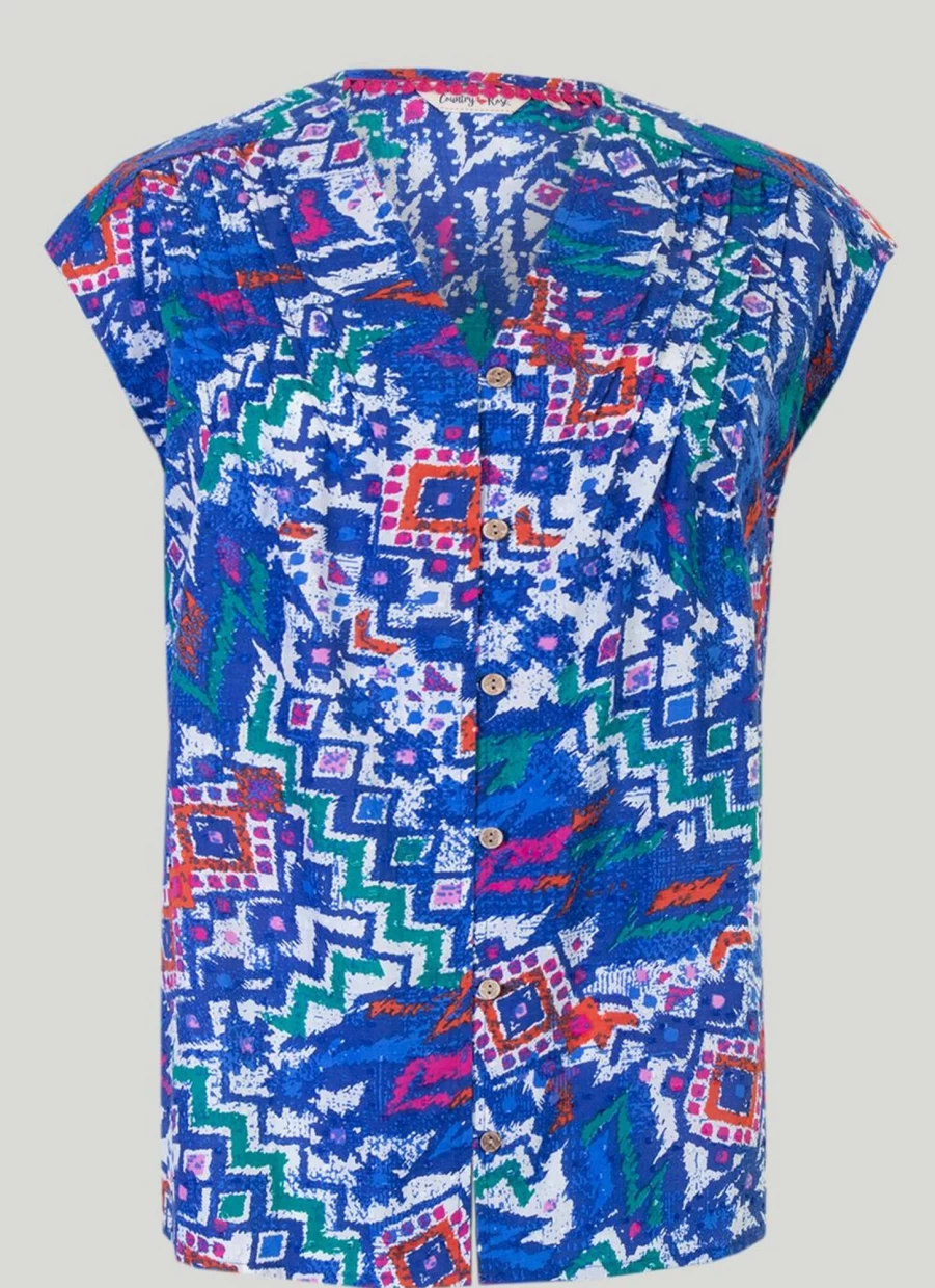 Country Rose Women's Blue Aztec Print Blouse - Stylish Boho Chic Top
