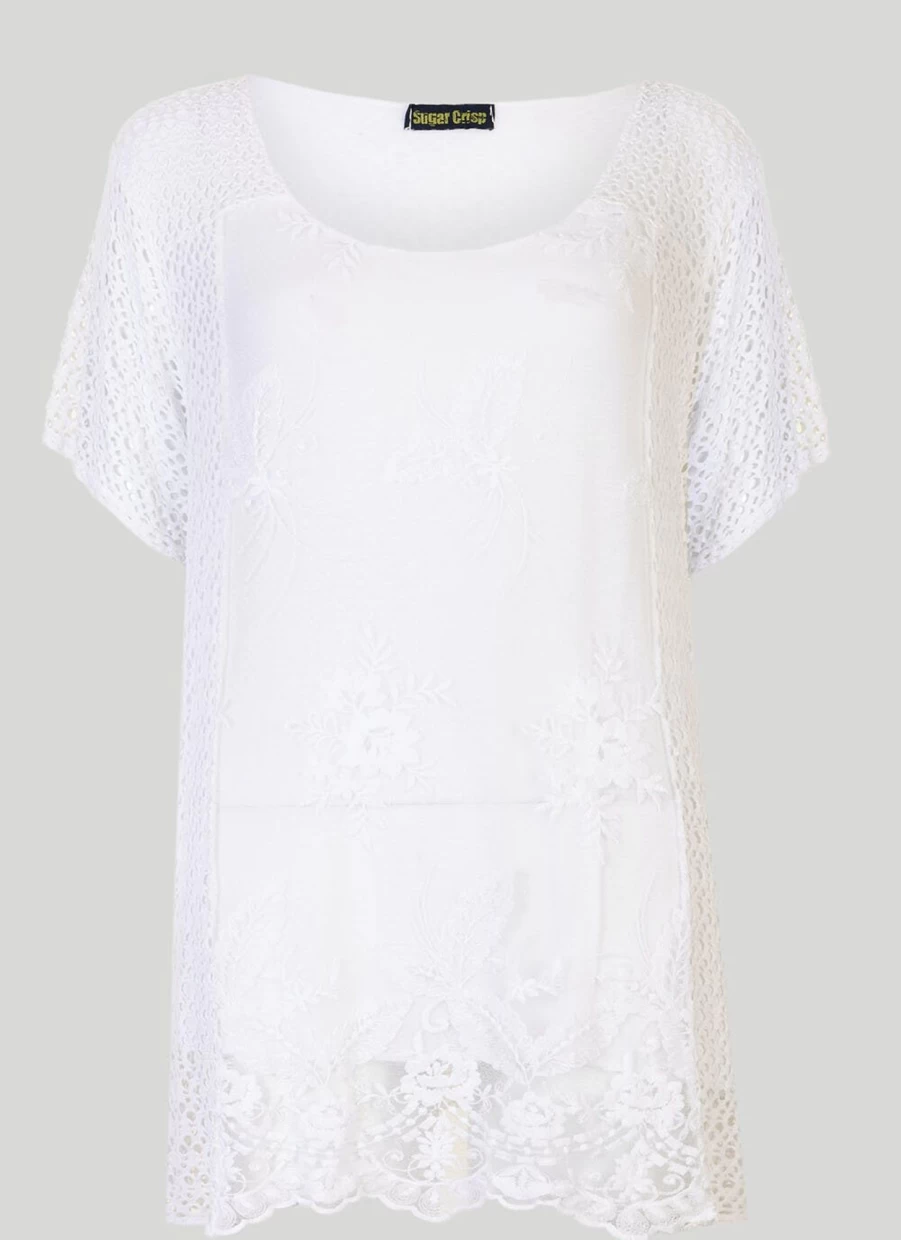 "Women's Embroidered Layered Mesh Top by Sugar Crisp – Elegant Floral Design"