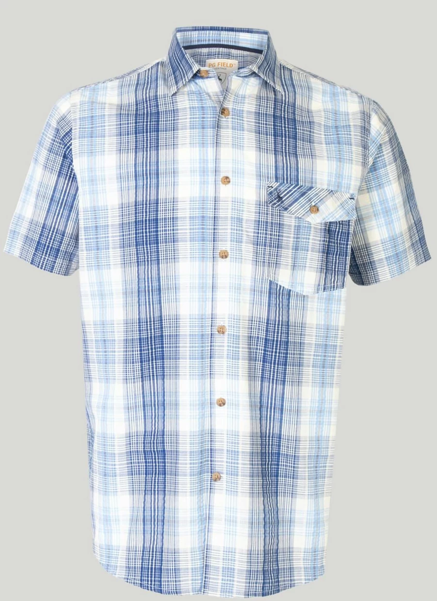 PG Field Men's Seersucker Checkered Casual Shirt - Breathable Summer Check Shirt for Men