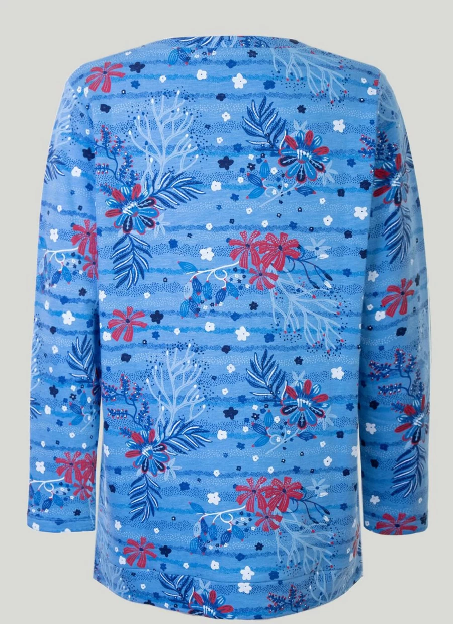 Isle Women's Blue Print Tunic Top - Floral Bohemian Casual Blouse