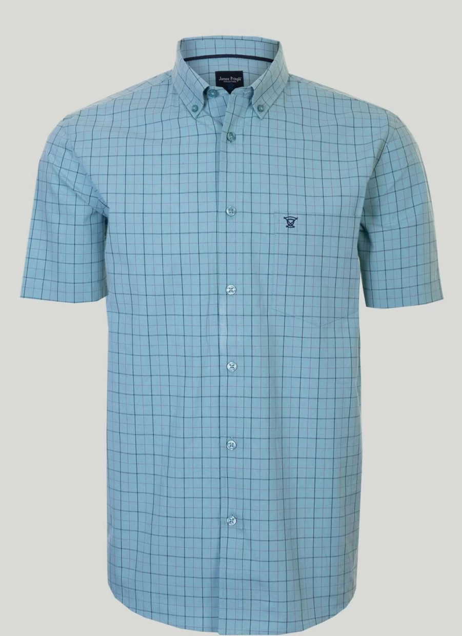James Pringle Men's Cotton Check Short Sleeve Shirt - Classic Plaid Casual Button Up Top
