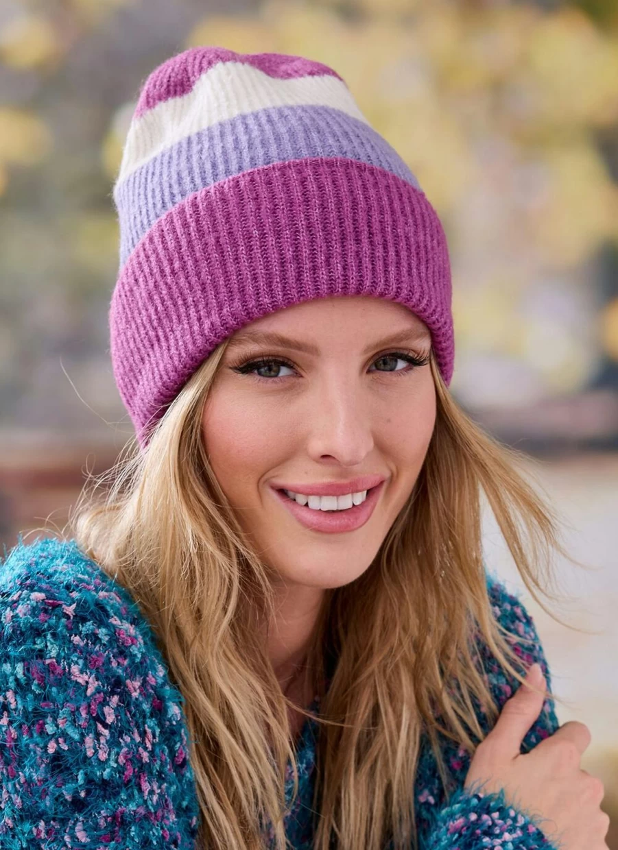 Isle Women's Block Stripe Beanie Hat - Soft Knit Winter Skull Cap for Women
