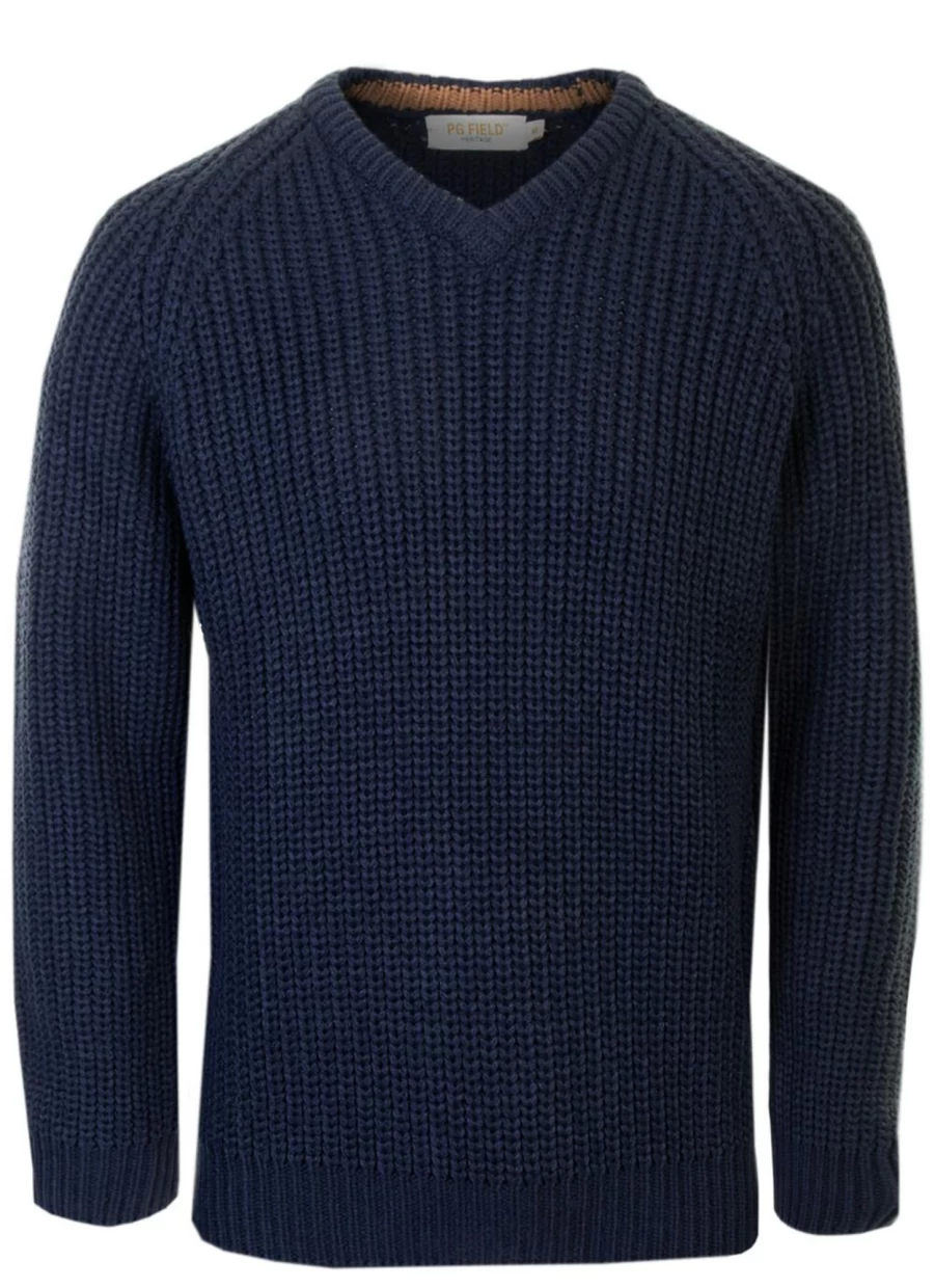 PG Field Men's V Neck Fisherman Rib Knit Jumper - Soft Textured Sweater