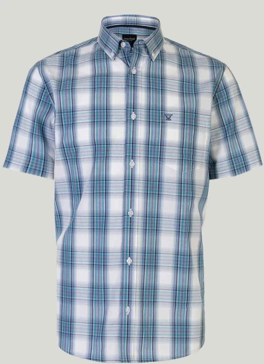 James Pringle Men's Classic Short Sleeve Check Shirt - Casual Plaid Button-Up Shirt for Men
