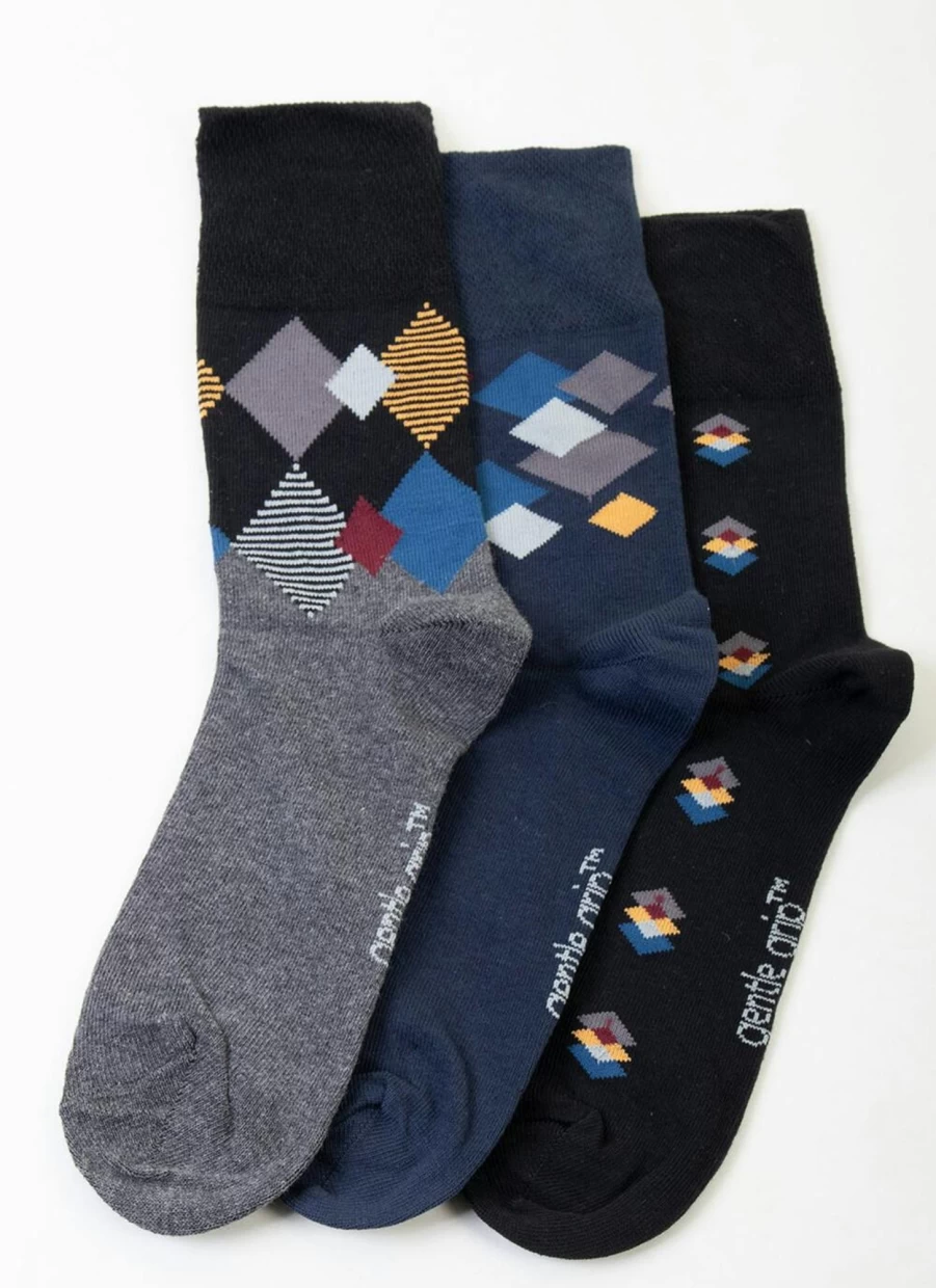 Gentle Grip Men's 3 Pack Non-Slip Pattern Socks for Comfort and Style