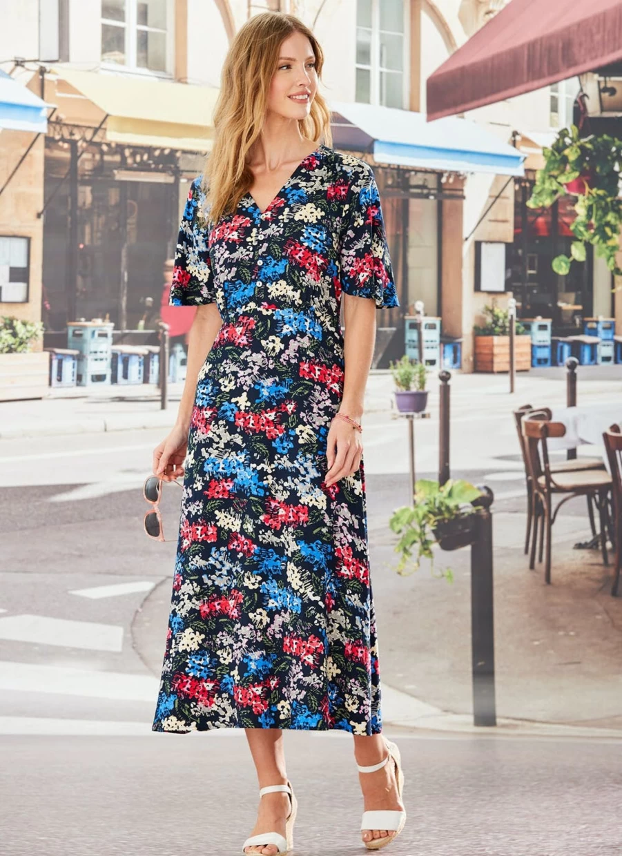 Isle Women's Navy Blue Floral Print Dress - Elegant Flowy Summer Dress