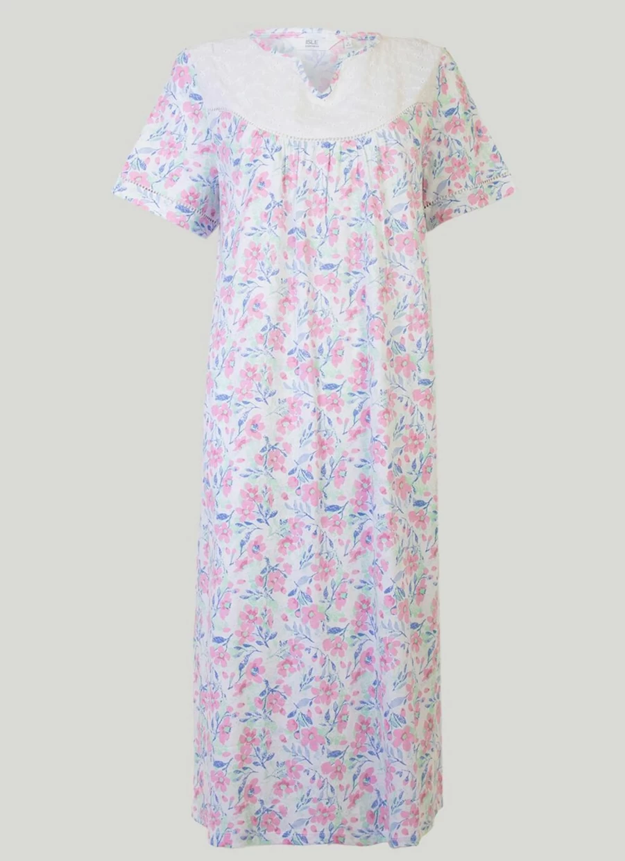Isle Women's Floral Embroidered Woven Yoke Nightgown - Soft Sleepwear Nightie