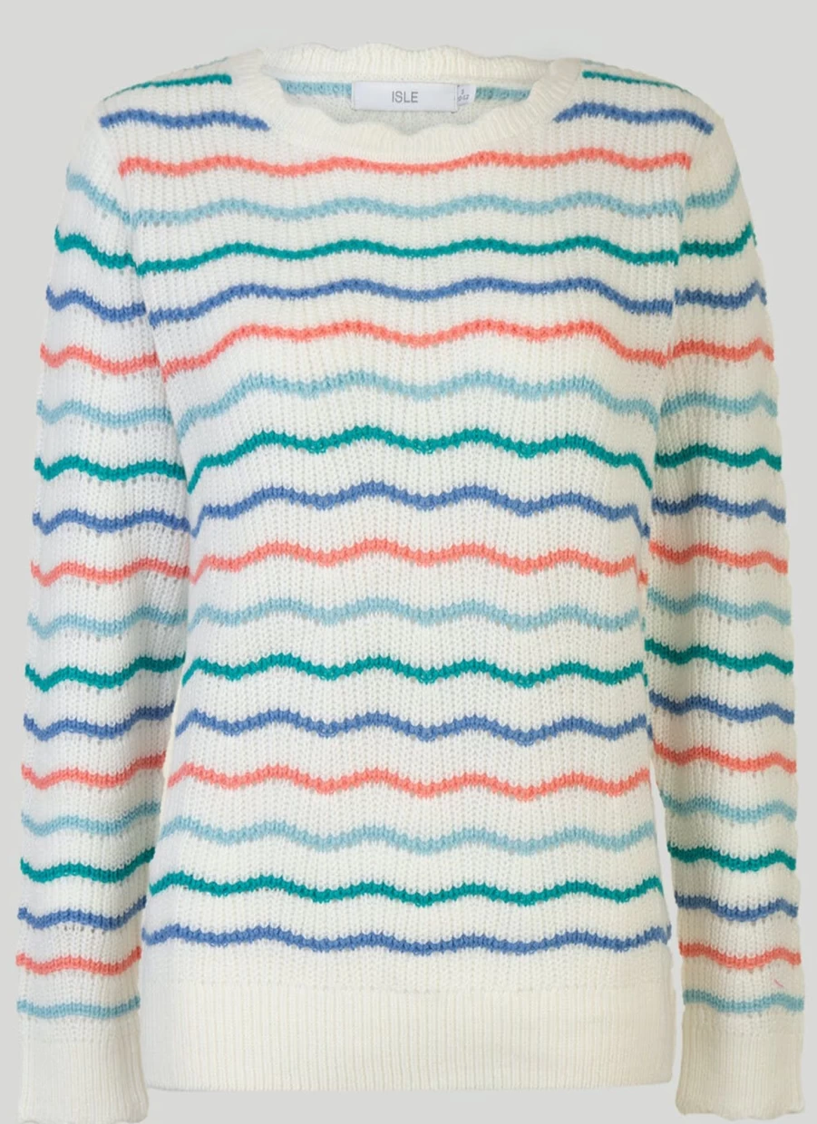 Isle Women's Wavy Stripe Knit Jumper - Soft Casual Crewneck Sweater