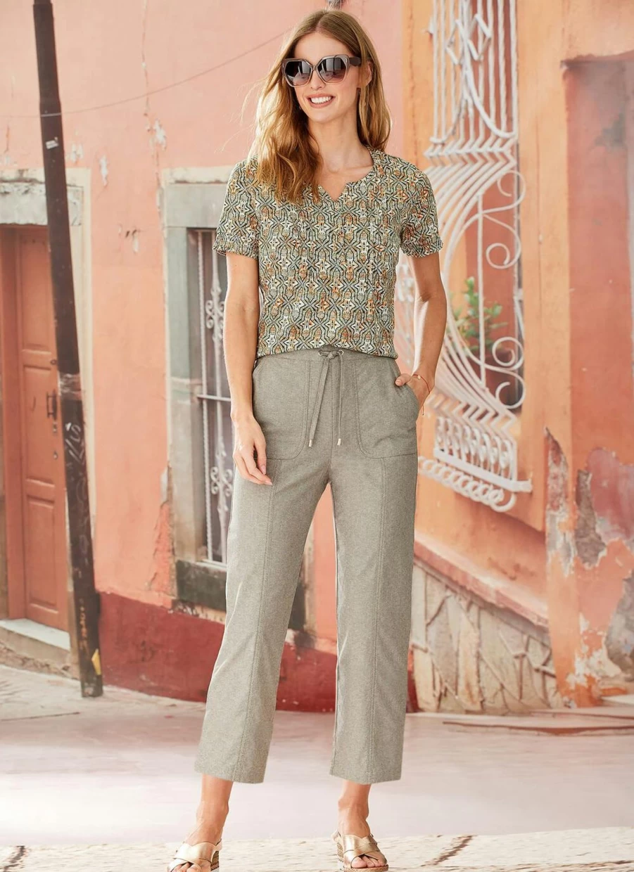 Isle Women's Chambray Pull On Trousers - Comfortable Stretch Casual Pants