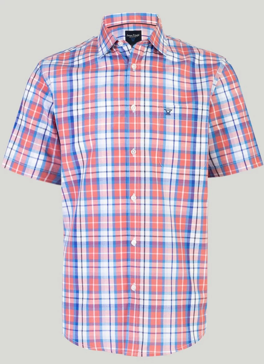 James Pringle Men's Short Sleeve Check Shirt - Classic Plaid Casual Shirt for Men