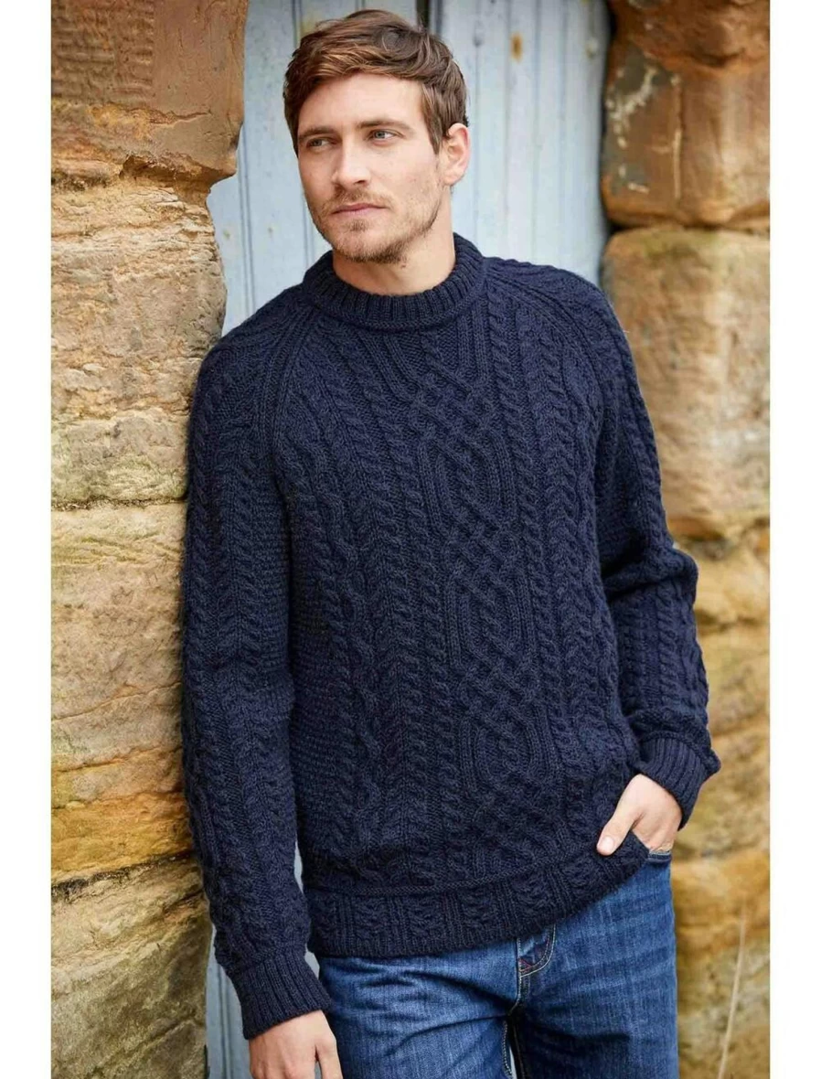 Highland Home Industries Men's Aran Wool Crew Neck Jumper - Traditional Irish Knit Sweater