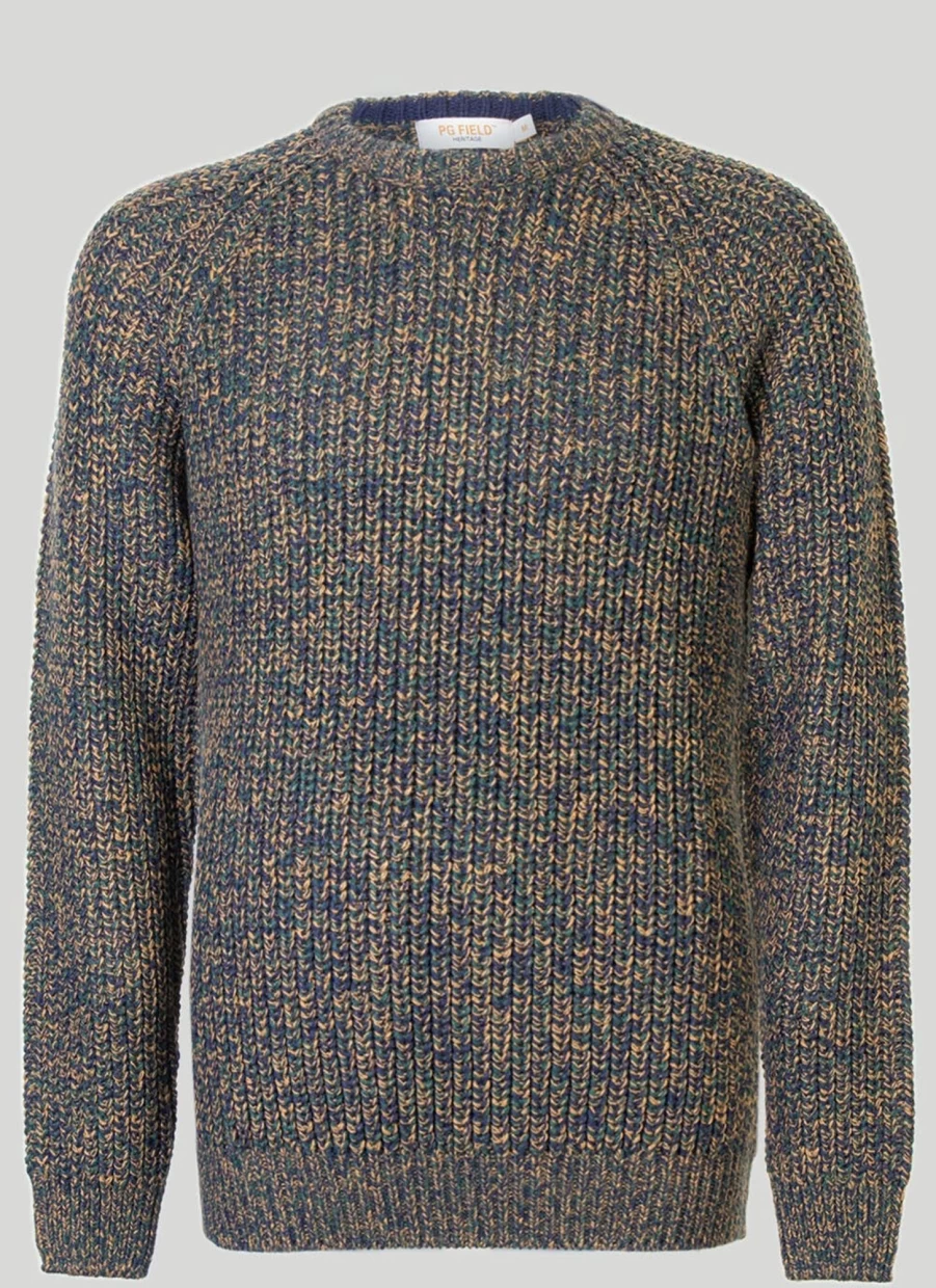 PG Field Men's Crew Neck Fisherman Rib Knit Jumper - Warm Textured Sweater