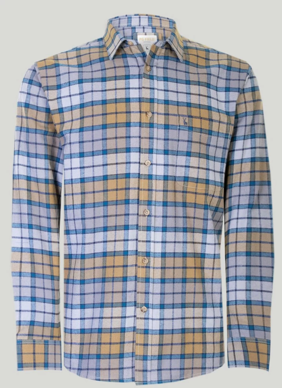 PG Field Men's Long Sleeve Checkered Plaid Shirt - Classic Casual Button-Up